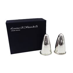 Pair of modern silver salt and pepper shakers, of tapering faceted form, hallmarked Laurence R Watson & Co, Birmingham 2009, H7cm, boxed 