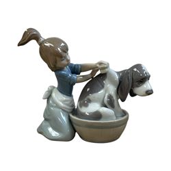 Three Lladro figures, Bashful Bather 5455, Pepita no 5372 and girl with lamb no 1010, together with two Neo figures and a Royal Doulton figure 