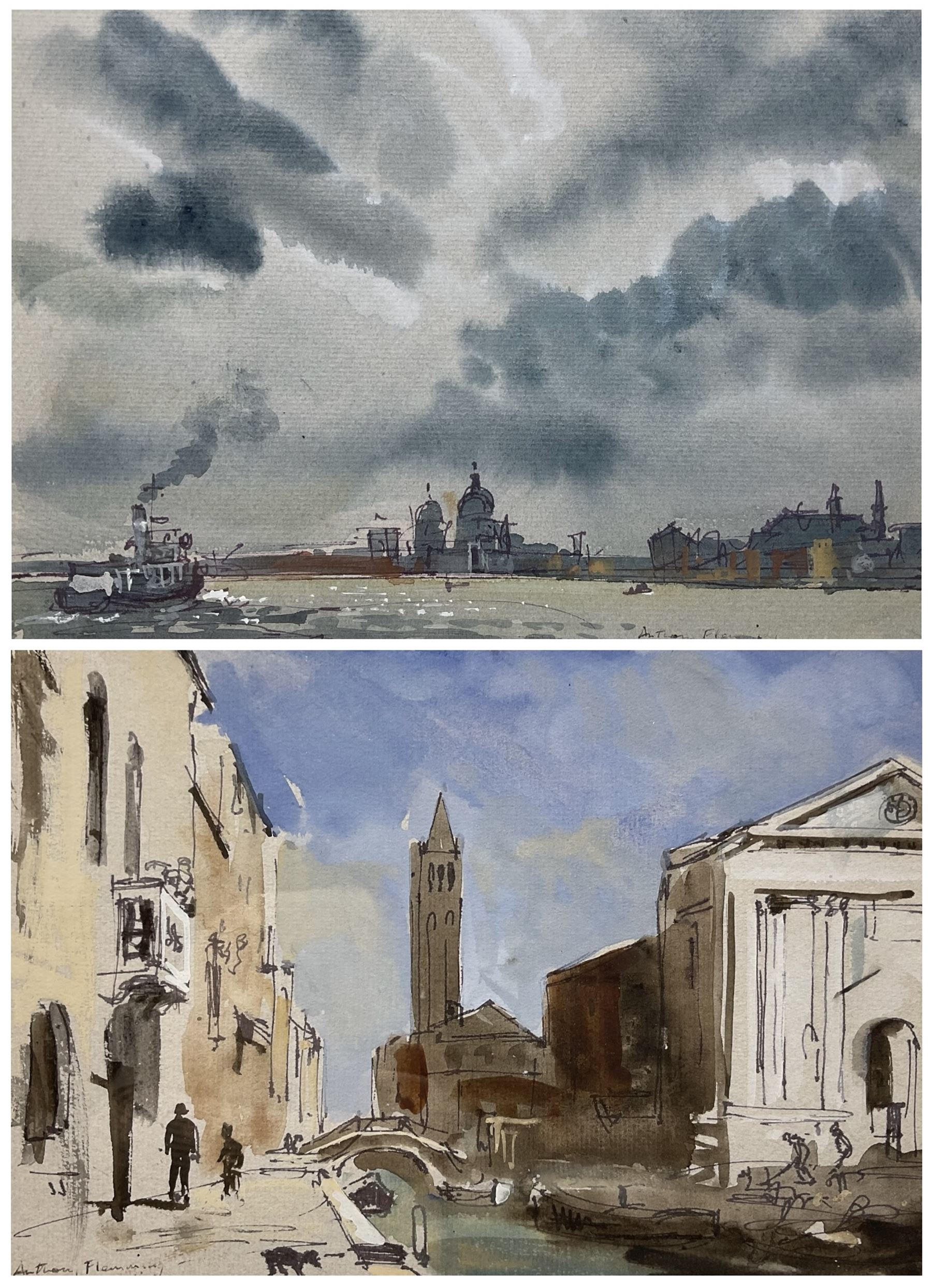 Anthony Flemming (British 1936-): Venice, pair pen and watercolours signed 17cm x 24.5cm (2)
Notes: born in London he studied at Goldsmiths College School of Art where he was awarded a First Class Honours Degree. On leaving Art School he went to Spain, his return to England was prompted by a request from John Cooper to design a racing car. Other design commissions followed from Brabham, Mclaren, Puma and Piper. He is a member of The Wapping Group of Artists having had a number of commissions from companies such as Shipowners Insurance Company, Shell, National Westminster Bank, B.P. and the Woolwich Building Society