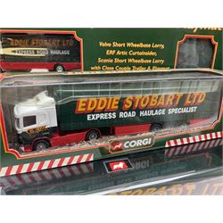 Corgi Eddie Stobart - Leyland DAF Curtainside in plastic hinge topped display case; AEC truck and trailer; Scania Curtainside Trailer 59503; limited edition Volvo Globetrotter CC12401; Corgi Classics Bedford S Box Van 19306; two Truck Set & Playmat sets comprising Short Wheel Base Lorry and Scania & ERF Cabs; and a Motorway set including Volvo Short Wheelbase Lorry and ERF Curtainsider; all boxed (8)