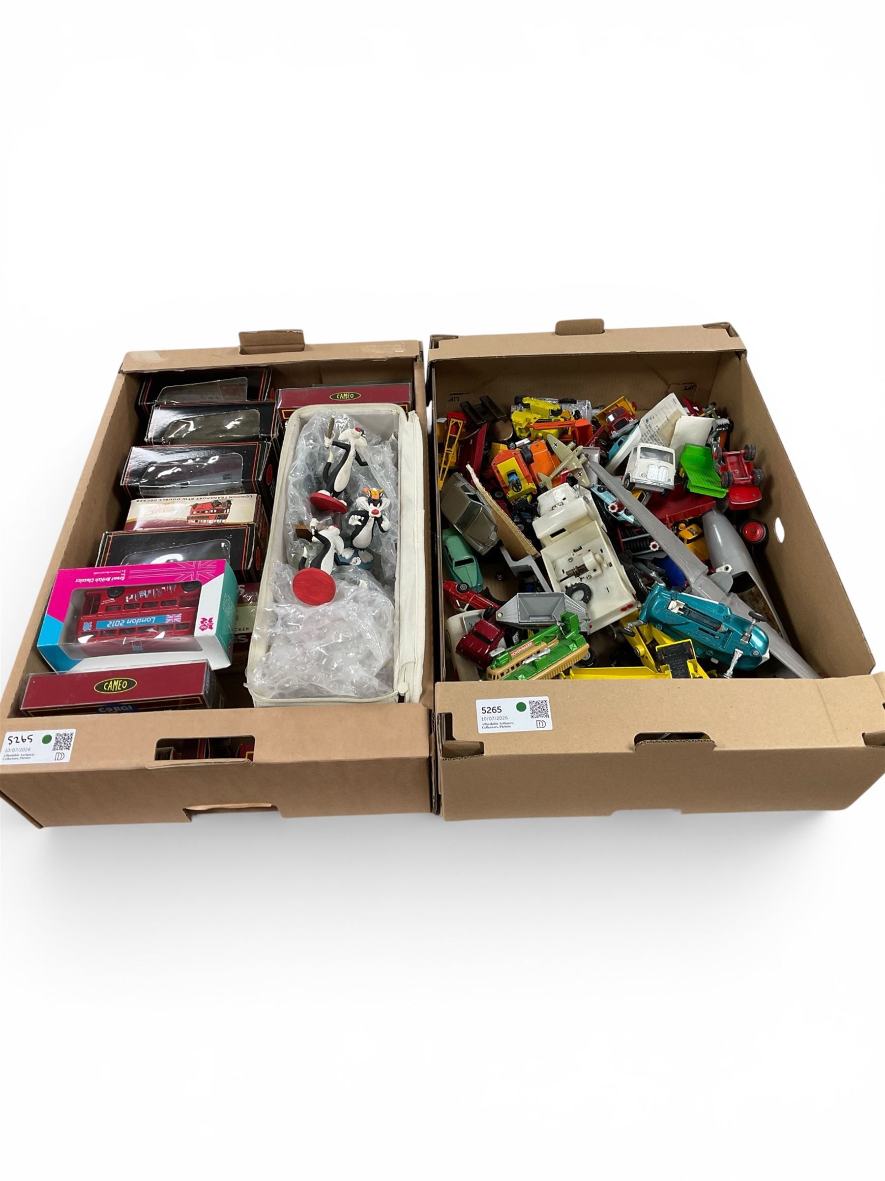 Large collection of toy vehicles including Great British Classics London 2012 Olympics Bus, Matchbox Battle Kings K105 Hover Raider and Dinky Toys Joe's Car 102, together with a collection of Disney figurine ornaments, variously boxed