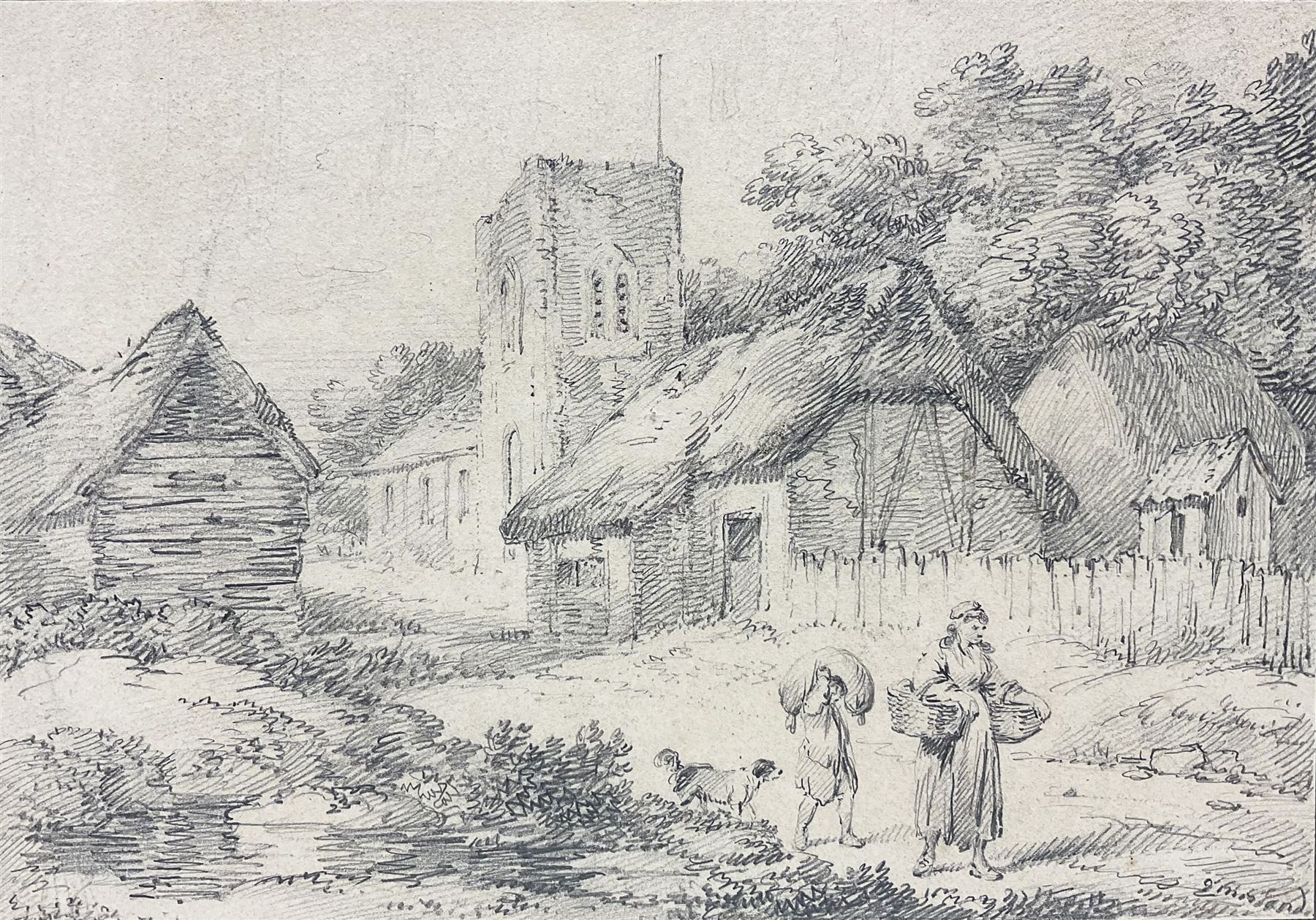 George Morland (British 1763-1804): Figures Outside a Country Church, pencil with washed border signed 18cm x 26cm