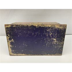 Brass mounted oak humidor, the slide action top opening to a base drawer, cedar lined with central compartment and striker, the drawer stamped Rd 107198, H17cm, D18cm