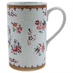 19th century German green glass stein, enamel decorated with a gentleman holding a stein, with a pewter lid, together with another smaller example decorated with a coat of arms and a Sampson style tankard