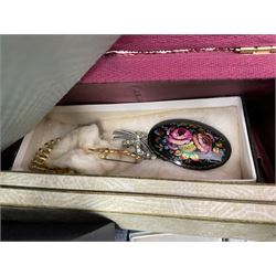 9ct gold pendant cameo necklace, black stone ring with silver band stamped 925, silver blue stone pendant necklace stamped 925, together with quantity of costume jewellery, watches, rings, earrings etc, some housed in sewing box, cameo gross weight approx 3g