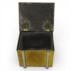 Early 20th century brass coal box, square hinged lid with recessed rectangular handle plates, the front fitted with a swing carrying handle, opening to a removable blackened metal liner, raised on short bracket feet