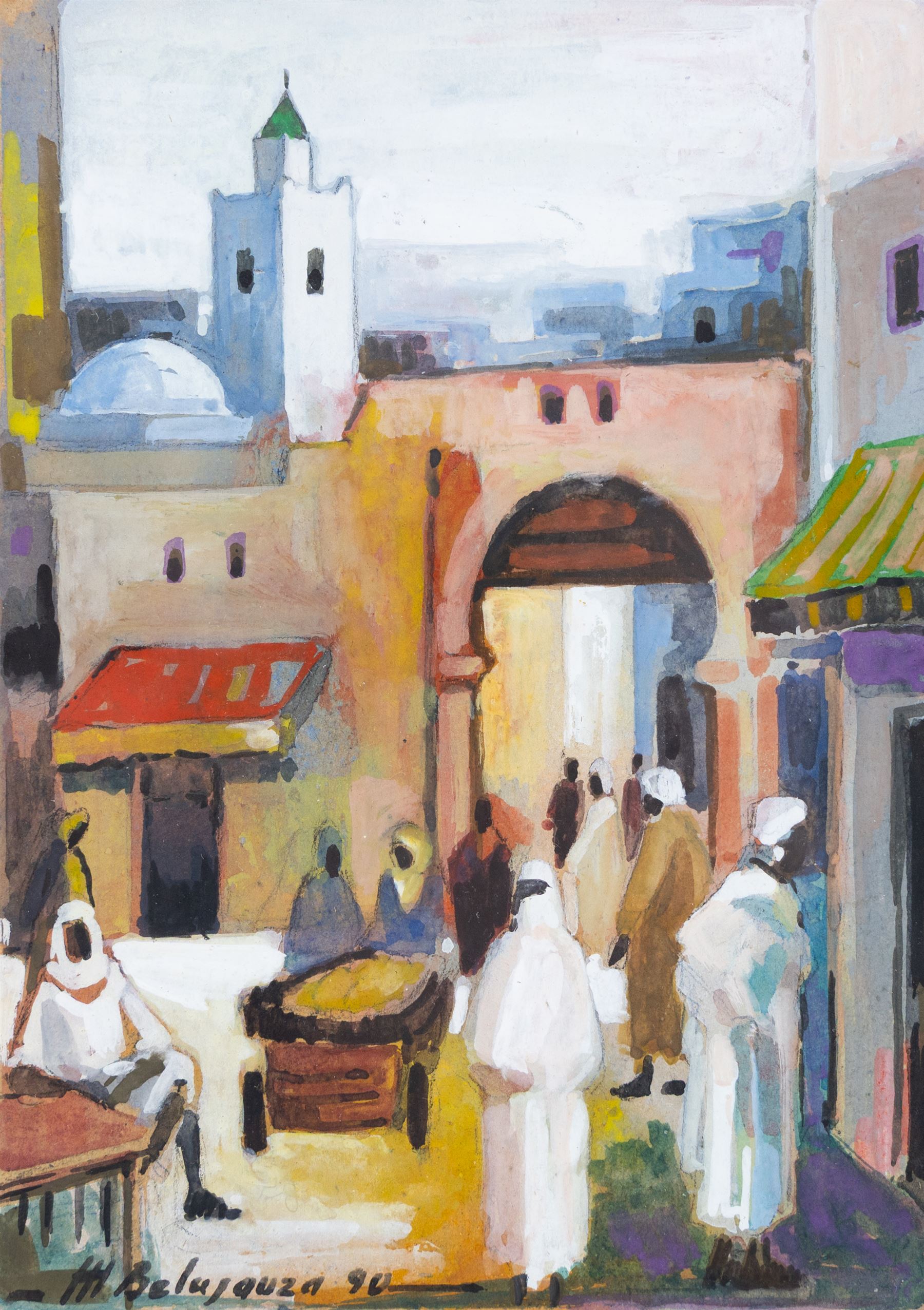 Mohamed Belajouza (Tunisian 20th Century): Streets of Sousse, set of three gouaches signed, max 18cm x 13cm (3)