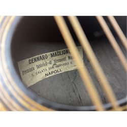 Late 19th century Italian lute back mandolin with segmented bowl back, bears label Gennaro Maglioni Napoli L61cm; in ebonised wooden case; together with another similar damaged Italian lute back mandolin for restoration or spares (2)