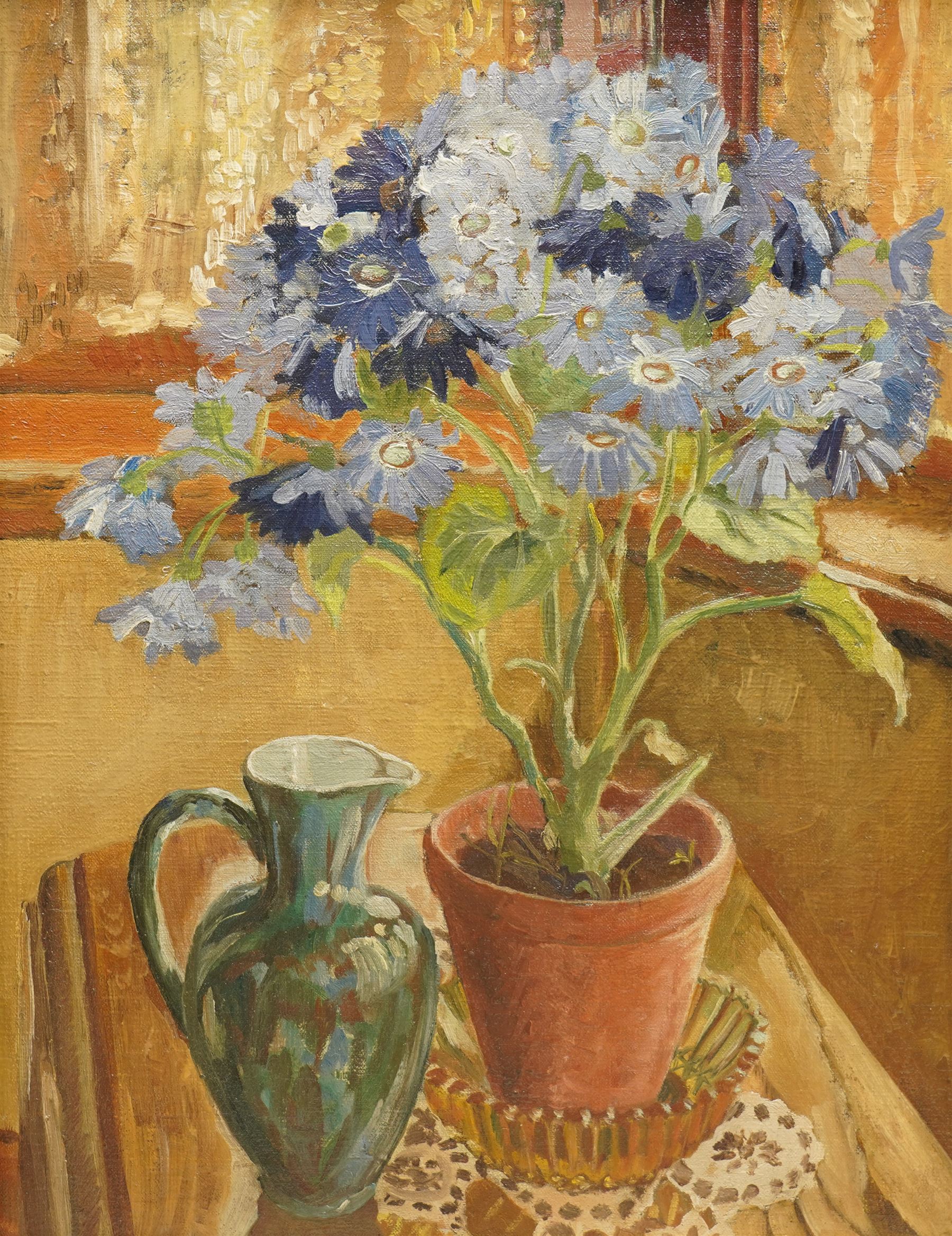 H Bailey (British Mid-20th century): Still Life of Sunflowers in a Vase, oil on board signed 50cm x 37cm; Sibil Elizabeth Swinden (British Mid-20th century): Still Life of Blue Flowers in a Pot, oil on canvas labelled verso 44cm x 34cm (2)
