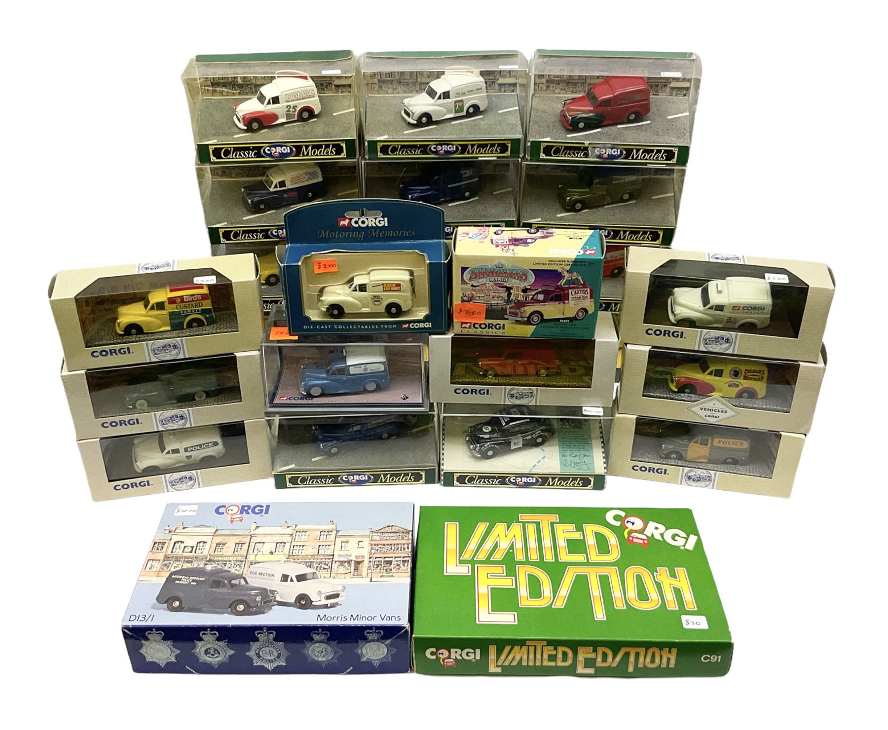 Twenty six boxed Corgi die-cast models, predominantly of Morris Minor vans, to include boxed limited edition Morris Minor van set, Morris Minor Saloon, Morris 100 Van with Bird's Custard livery, Royal Mail Morris Mini van etc