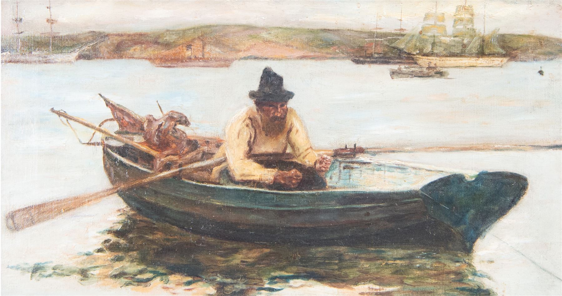 Robert Jobling (Staithes Group 1841-1923): Line Fishing from a Rowing Boat, oil on canvas unsigned, provenance verso 29cm x 54cm
