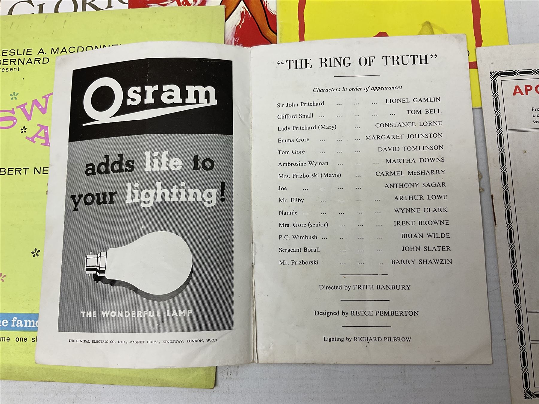 Over thirty theatre programmes 1940s and later including various London theatres - Apollo, Adelphi, Savoy, Drury Lane, Palace, Prince Edward, Vaudeville, Palladium etc, Folies Bergere and others