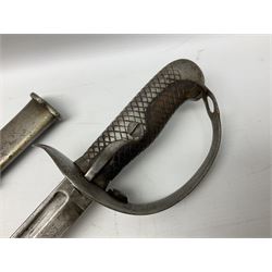 Japanese Model 1899 Type 32 'Otsu' pattern army sword, with 76.5cm single edged, slightly curved blade with narrow fuller, numbered 73684 to the ricasso;  steel hilt with chequered backstrap and grip ears with wooden chequered grip and locking action;  in steel scabbard with single hanging ring L93cm overall