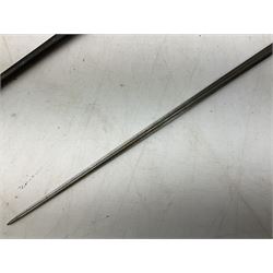 French Lebel Model 1886/93/16 bayonet with 52cm steel cruciform blade and brass hilt No.R22136; in steel tapering round scabbard numbered A62918 L65.5cm overall