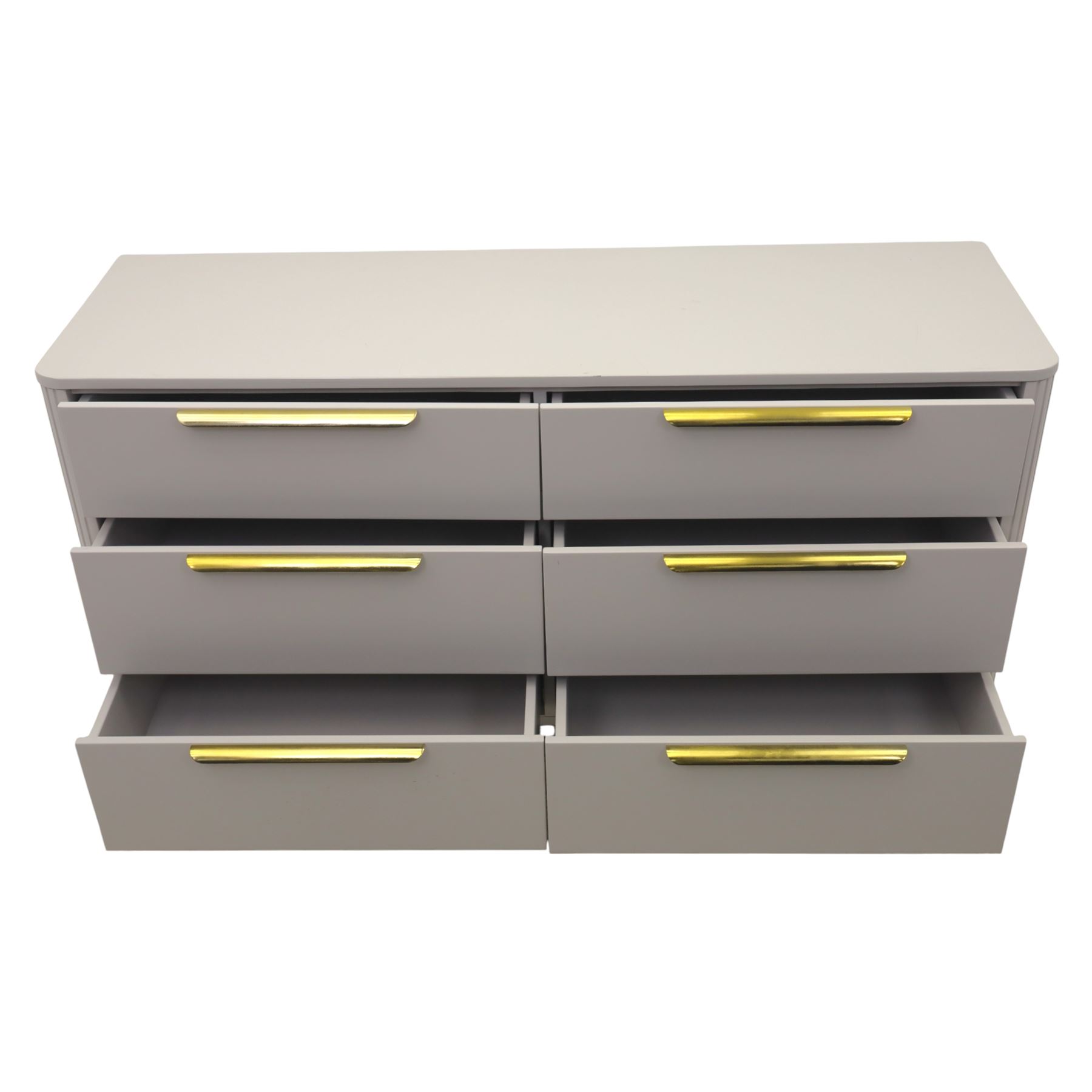 Made.com - 'Ebro' grey six drawer chest, gold painted metal shaped handles, rounded corners with fluted detail, raised on gold painted metal tapered supports