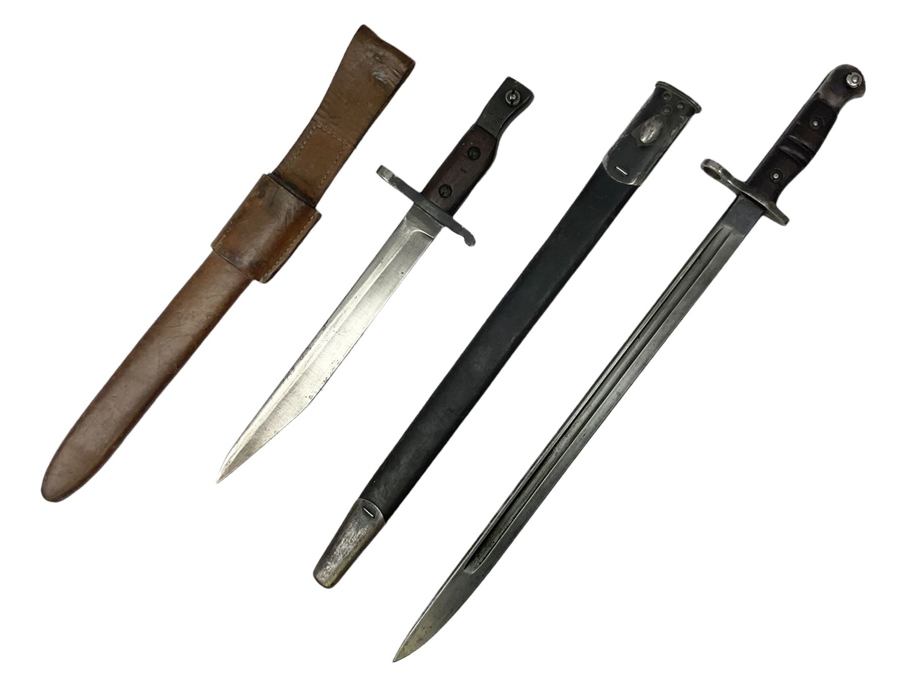 WW1 American Remington P14 rifle bayonet Model 1913, the 43cm fullered steel blade dated 5 17; in metal mounted leather scabbard L57cm overall; and WW1 Canadian Ross Rifle Co.1907 Model Mk.II bayonet, dated 2/17; in leather scabbard with frog (2)