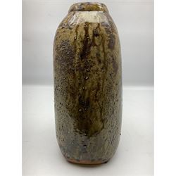 Janet Leach (American, 1918-1997) for Leach Pottery; studio pottery Bizen style vase of tapering form, the stoneware body decorated in a mottled green and brown dripped ash glaze, with impressed J.L. monogram and stamp marks beneath, H30cm