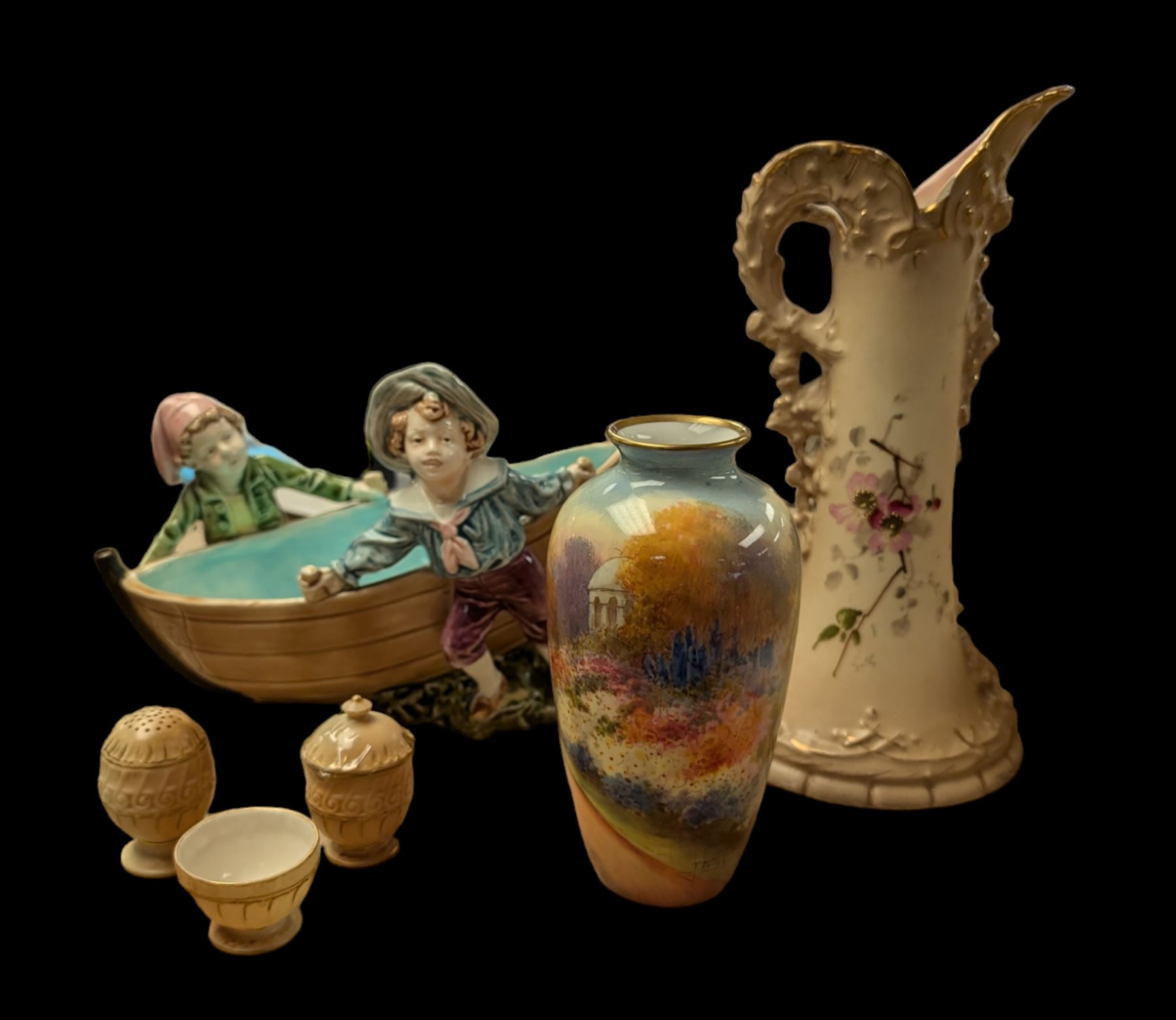 Royal Doulton Kew Gardens vase, signed J Price, together with a Royal Worcester blush ivory three piece cruet set, a Ernst Wahliss ewer, etc 