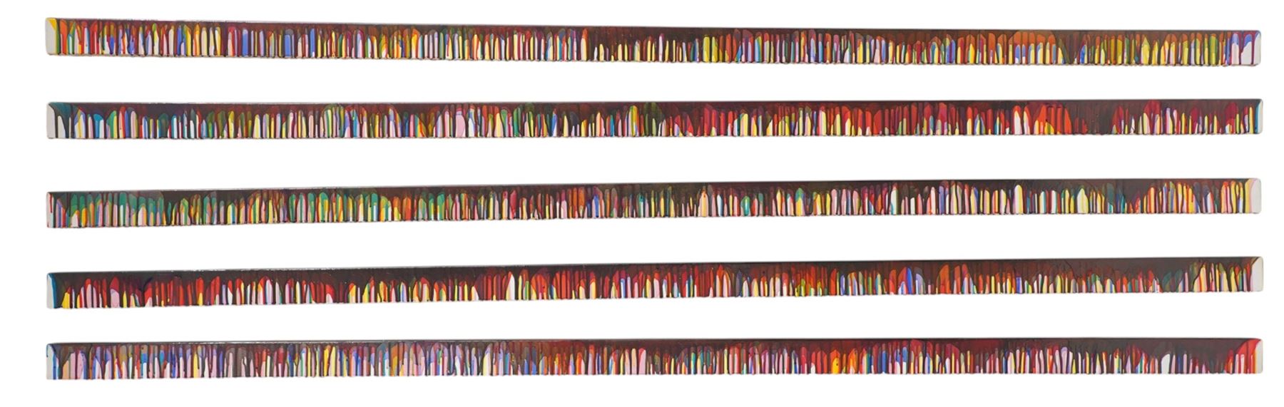 Gillian Ross Kelsey (British 1935-2025): 'Long Deep Purple Drips', set of five acrylic glazes on wood unsigned all 240cm x 5cm x 5cm (5) (unframed)