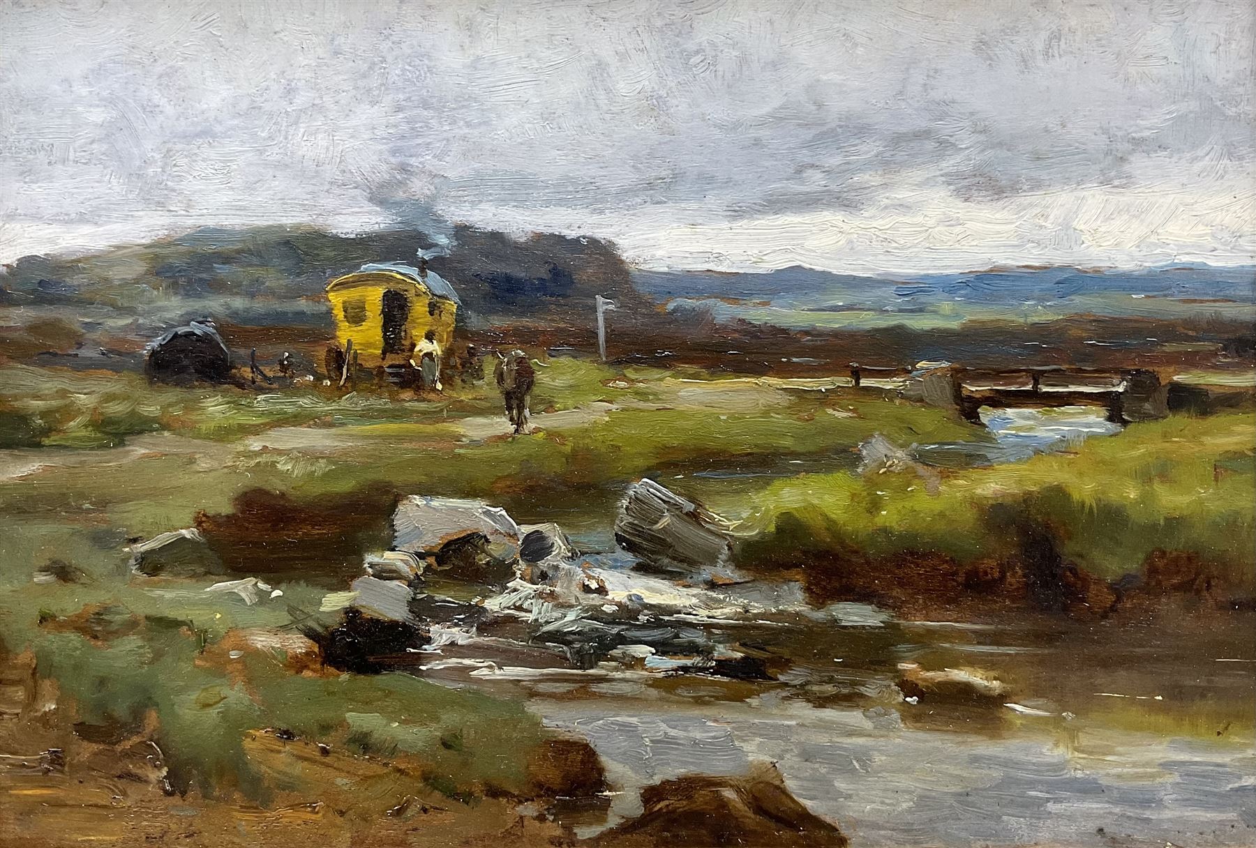 English School (Early 20th century): Gypsy Caravan near an Upland Stream, oil on panel unsigned 19cm x 27cm