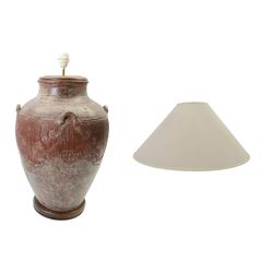 Large Asian Martaban style storage jar, later converted into a table lamp with shade, jar H58cm