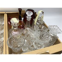 Collection of glassware, to include Murano style art glass bowl and vase, four cut glass decanters etc, in two boxes 