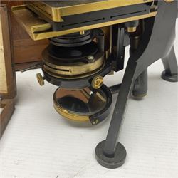 W. Watson & Sons Ltd lacquered brass compound microscope circa 1910, the back foot signed W. Watson & Sons Ltd, 313 High Holborn London and numbered 8193, together with a boxed collection of glass microscope biological sample slides