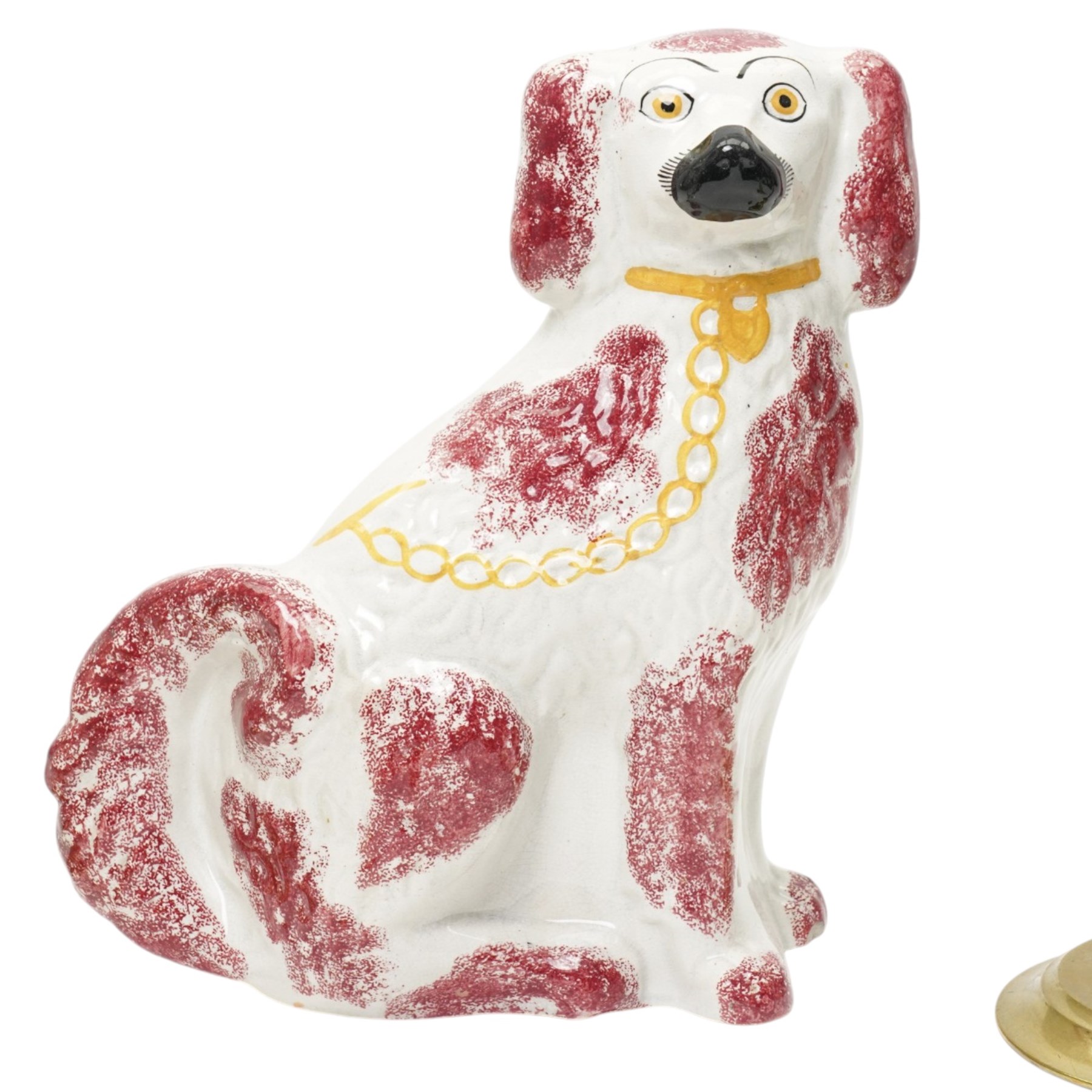 Two pairs of brass candlesticks, brass bird and bowl, and Staffordshire dog (7)