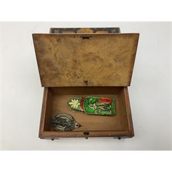 Early 20th century walnut brass bound smoking box, with central carry handle and twin hinged compartments with plaques detailed 'Cigarettes' and 'Cigars', above two small drawers detailed 'Lights', not including handle H7cm L24cm D16cm