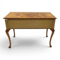 Queen Anne Design walnut kneehole desk with matching chair, rectangular figured top with crossbanding, three frieze drawers, raised on cabriole supports, the chair with serpentine front raised on cabriole supports