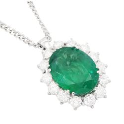 18ct white gold emerald and diamond cluster pendant necklace, single oval cut emerald of approx 4.00 carat, surrounded by fourteen round brilliant cut diamonds, hallmarked, total diamond weight approx 0.85 carat