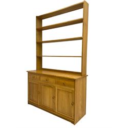 Treske - ash dresser, raised three height plate rack over three drawers and three panelled cupboards