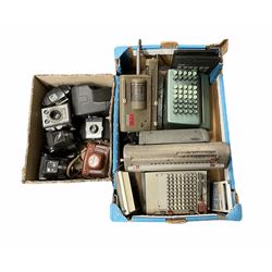 Busicom HL-21 adding machine, two other vintage adding machines together with various vintage cameras comprising two Ensign Ful-Vue, Brownie E box camera, Brownie Twin 20 etc in two boxes
