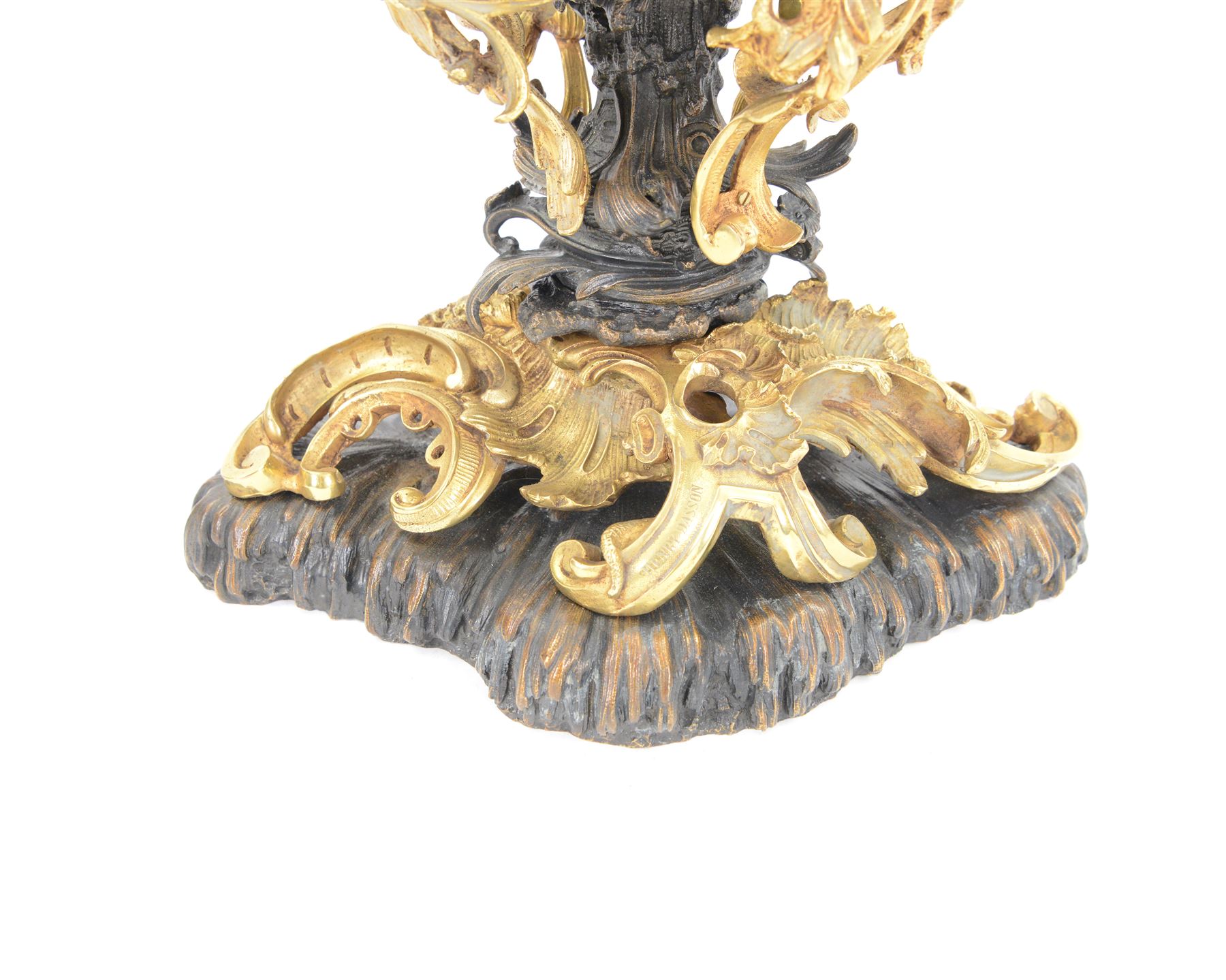 After Henry Dasson (1825-1896): large French gilt bronze urn, the body of typical form and cast with C scrolls, with twin curved gilt foliate handles detailed with birds, upon a scrolling foot, and naturalistically cast base, impressed HENRY DASSON to foot, H50.5cm W48cm