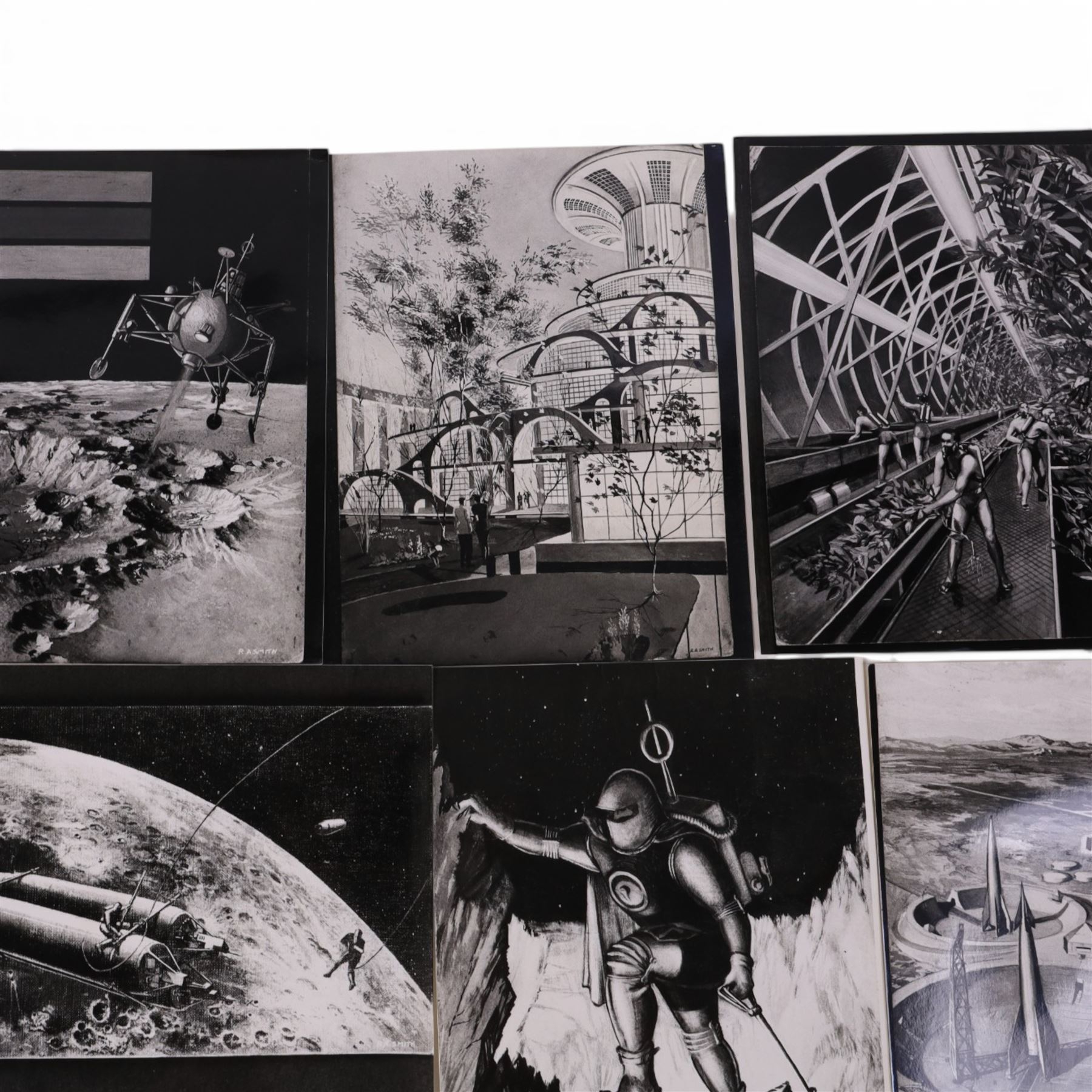 Fourteen black and white photographs of artwork by Ralph Andrew Smith, including images used in 'The Exploration of Space', a sketch of auto probe rocket for planetary survey and Inside Lunar City, etc, two with annotations written by Arthur C Clarke verso, H20, W25cm

Notes: This item is from the private collection of Arthur C. Clarke's brother.