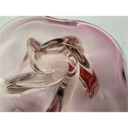 Two Whitefriars glass jugs, together with a Swedish Pukeberg art glass vase and three art glass bowls, including large pink example, some signed to base, tallest H30.5cm