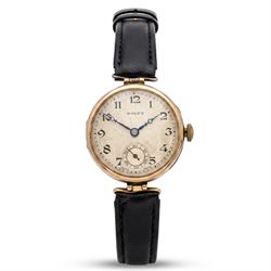Rolex Prima early 20th century 9ct gold manual wind wristwatch, silvered engine turned sun...