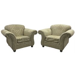 Traditional design three-piece lounge suite - three-seat sofa (W220cm, H90cm, D90cm); two armchairs (W115cm); and two footstools (77cm x 43cm, H31cm); upholstered in cream damask fabric