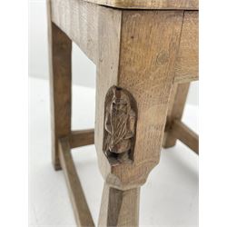 ‘Gnomeman’ adzed oak dining chair, panelled back with crenel carved cresting rail, carved with gnome signature, by Thomas Whittaker of Littlebeck