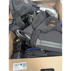 Collection of cameras and photography equipment, including Canon EOS 1000F DSLR, Fujifilm S9500, Canon EOS 10, lenses, filters, tripods, etc, in three boxes