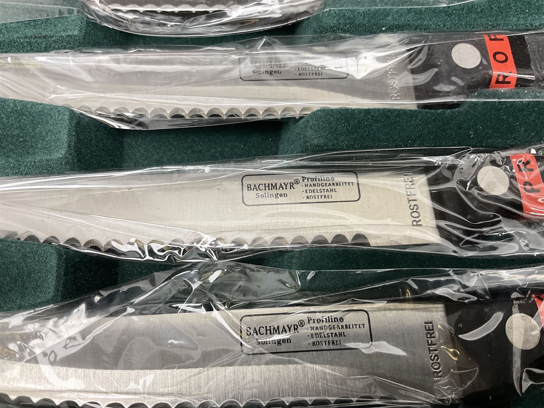 Bachmayr Soligen boxed set of six steak knives and fork, together with Offenbach chef quality knives, chopper, forks, scissors and knives sharpeners, in fitted cases