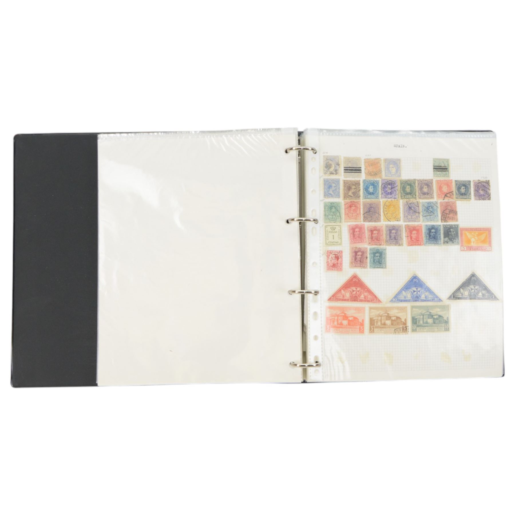 World stamps including Aden, Brunei, Rwanda, Spain, Ireland, Italy, Japan, Hungary, Germany, France, Portugal, Namibia, Netherlands, New Zealand, St Lucia, Malaysia etc, housed in ten ring binder folders