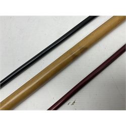 Three parade ground canes - malacca cane Coldstream Guards with plated mount engraved 'H.A. Myhan' L87cm; ebonised Church Lads Brigade 'Fight The Good Fight'; and mahogany stained Worcestershire Regiment (3)