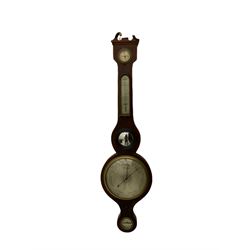 A mid Victorian mercury wheel barometer retailed by Thomas Grey of Newton Stewart, in a mahogany case with inlay to the edge, swans neck pediment and rounded base, with an 8” silvered register recording barometric air pressure from 28 to 31 inches with weather predictions, brass recording hand and steel indicating hand within a convex glass and cast brass bezel, silvered “butlers” mirror with reeded wooden surround and a round topped thermometer box with a mercury thermometer measuring degrees Fahrenheit, level bubble with silvered nameplate. H96cm
.

