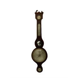 A mid Victorian mercury wheel barometer retailed by Thomas Grey of Newton Stewart, in a mahogany case with inlay to the edge, swans neck pediment and rounded base, with an 8” silvered register recording barometric air pressure from 28 to 31 inches with weather predictions, brass recording hand and steel indicating hand within a convex glass and cast brass bezel, silvered “butlers” mirror with reeded wooden surround and a round topped thermometer box with a mercury thermometer measuring degrees Fahrenheit, level bubble with silvered nameplate. H96cm
.

