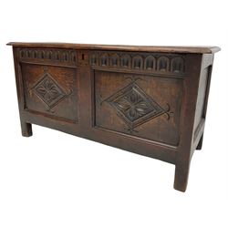 Small 18th century oak coffer, moulded hinged lid over arcade carved frieze and lozenge panelled front