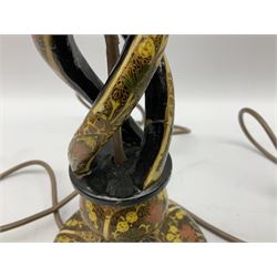  Kashmiri papier mache table lamp, open spiral twist column decorated with flowers, on a turned base,  H43cm