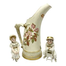  Royal Worcester tusk jug, blush ivory ground, with floral design, stamped 1116 to the base,, together with pair figures of a young boy and girl in the style on Kate Greenaway 