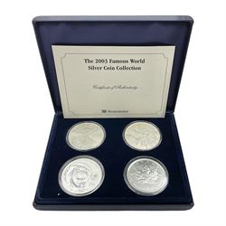 Four one ounce fine silver coins, forming 'The 2003 Famous World Silver Coin Collection', comprising United States eagle, Australian kangaroo, Chinese panda and Canadian maple leaf, cased with Westminster certificate 