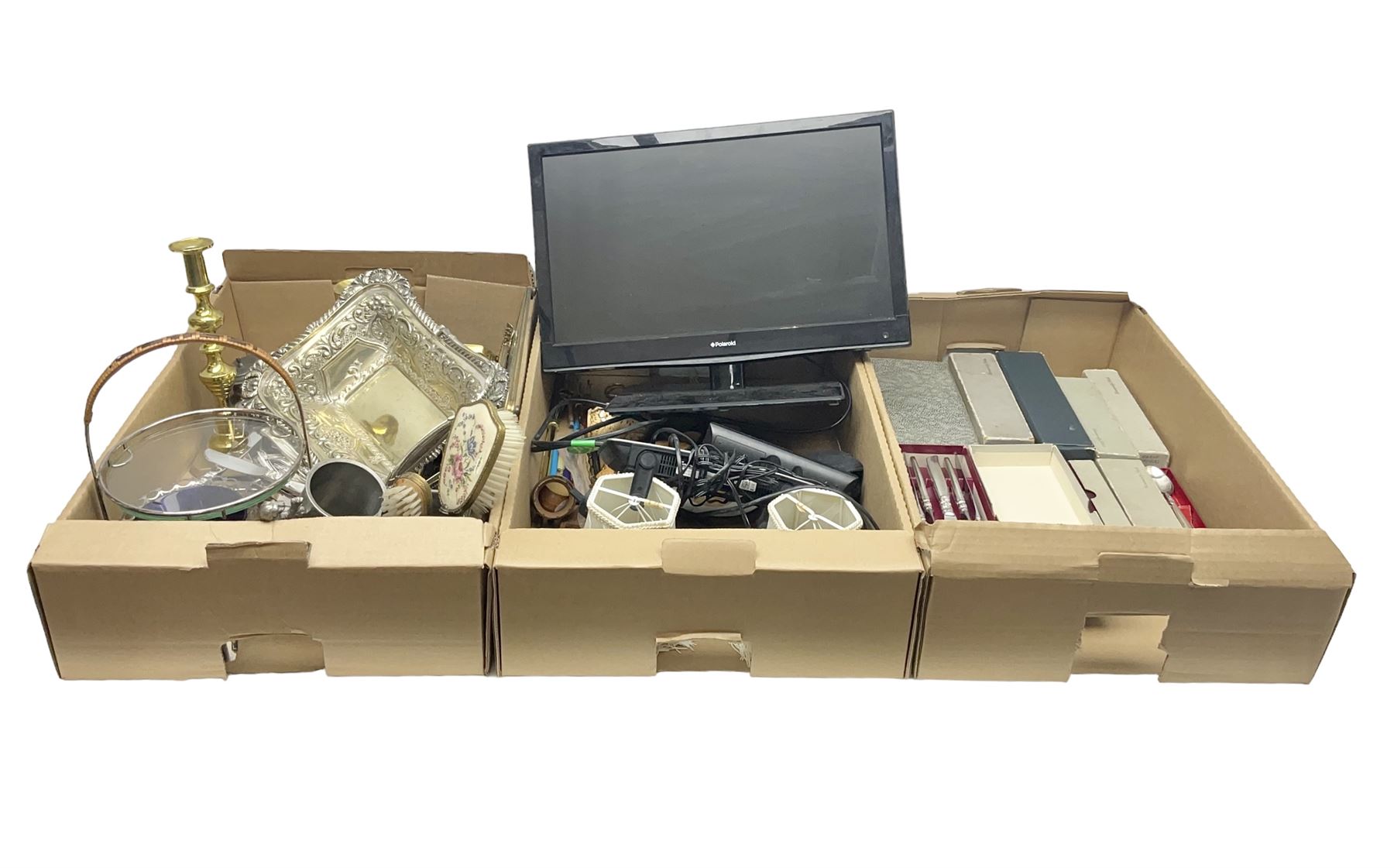 Quantity of silver plated and other metal ware to include Community cutlery and brass, together with Polaroid tv etc in three boxes